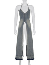 Denim Halter Split Hem Backless Dress